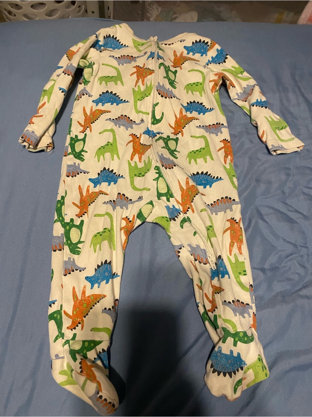 Old Navy White Footed One-Piece Pajama with Green, Blue and Orange Dinosaurs
